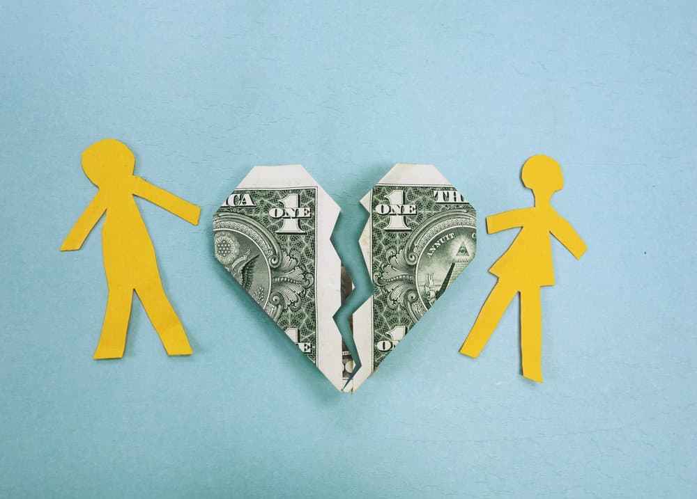 Paper couple and broken dollar heart - divorce