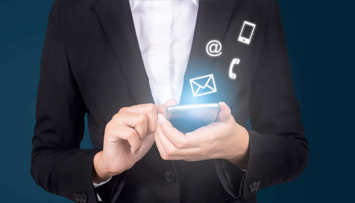 businesswomen hand using smart phone Contact us connection concept mail telephone and address