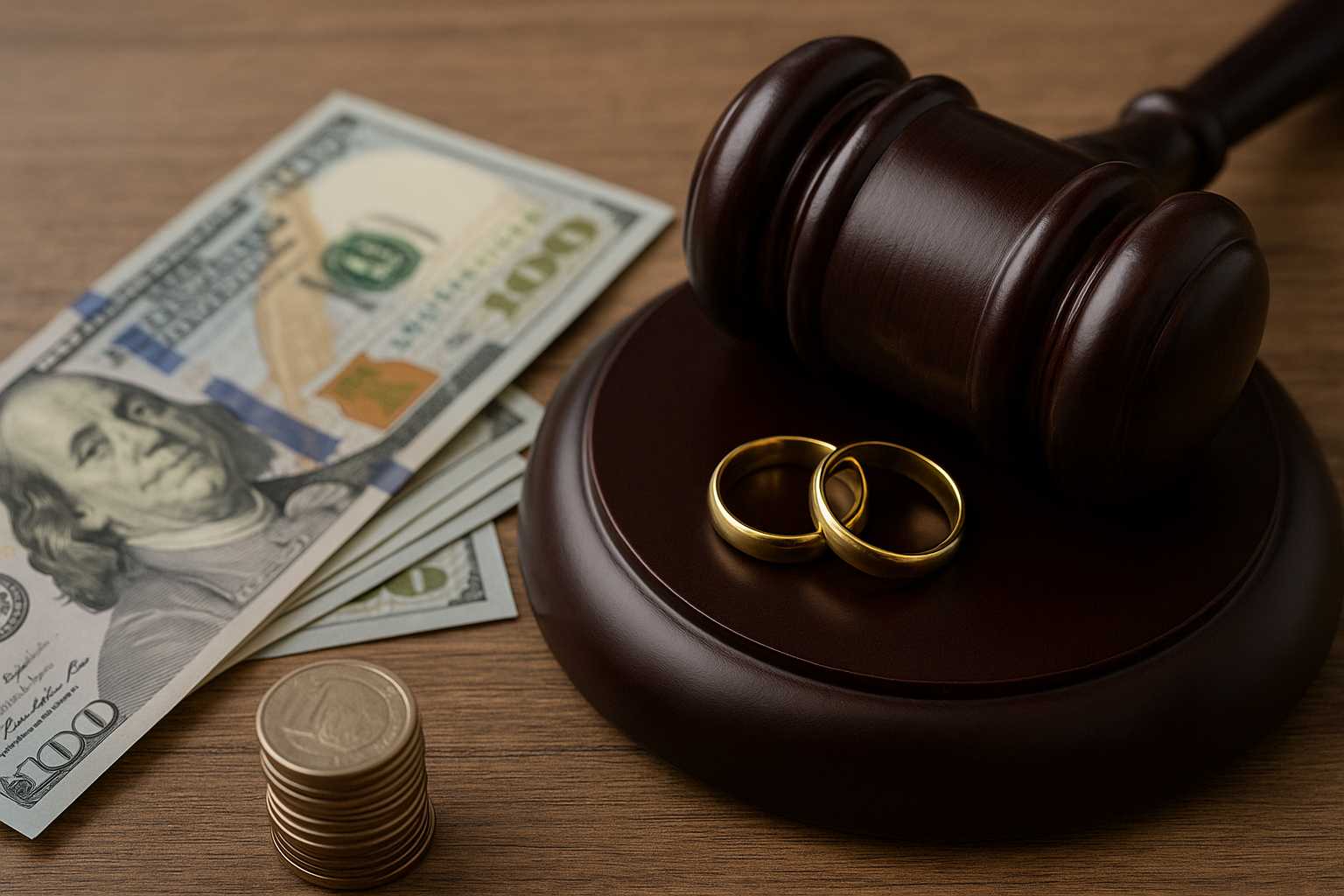 a gavel, money, and wedding rings on a table