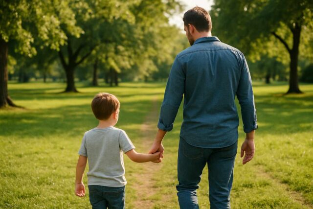 father walking with son in a park