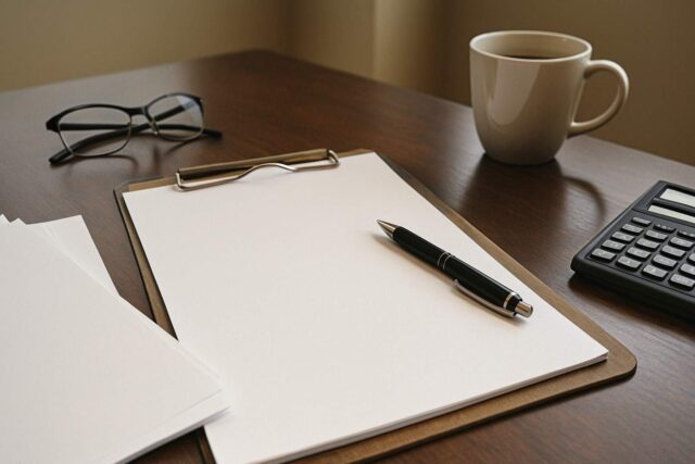 clipboard, pen, and glasses on a table