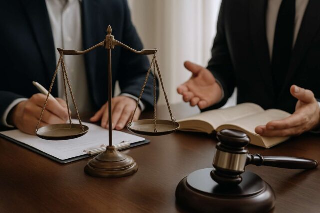 lawyers in office discussing a case