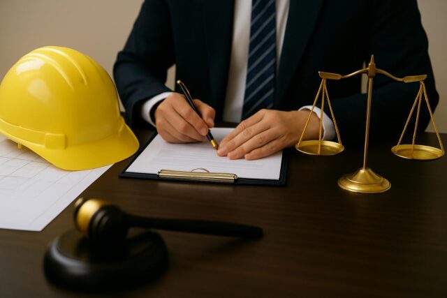 lawyer next to a hard hat on a desk