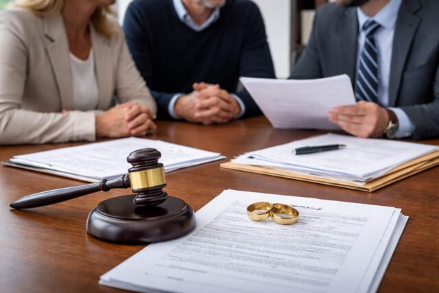 couple sitting with lawyer and wedding rings on table